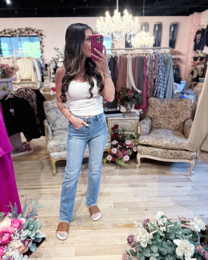 The Sophia Tummy Control High Rise Crop Straight Raw Cut Hem Jeans
