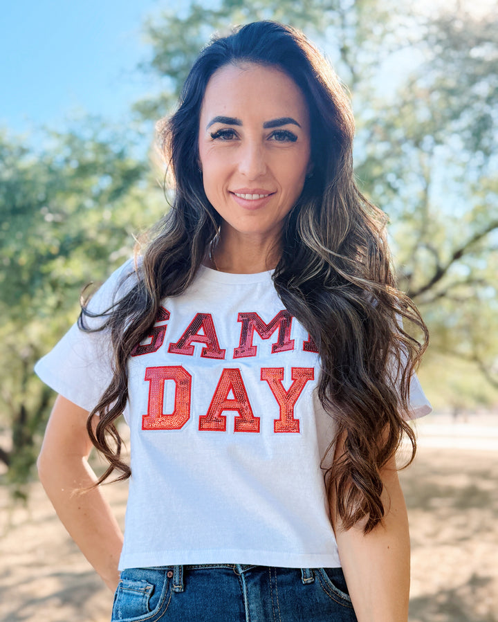 Game Day Sequin Light Crop Tee - White