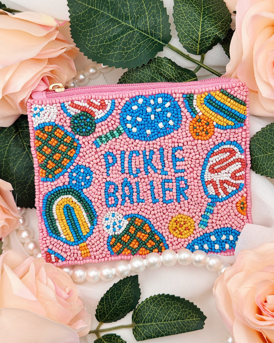 Pickleball Coin Pouch - Pink with Raquets