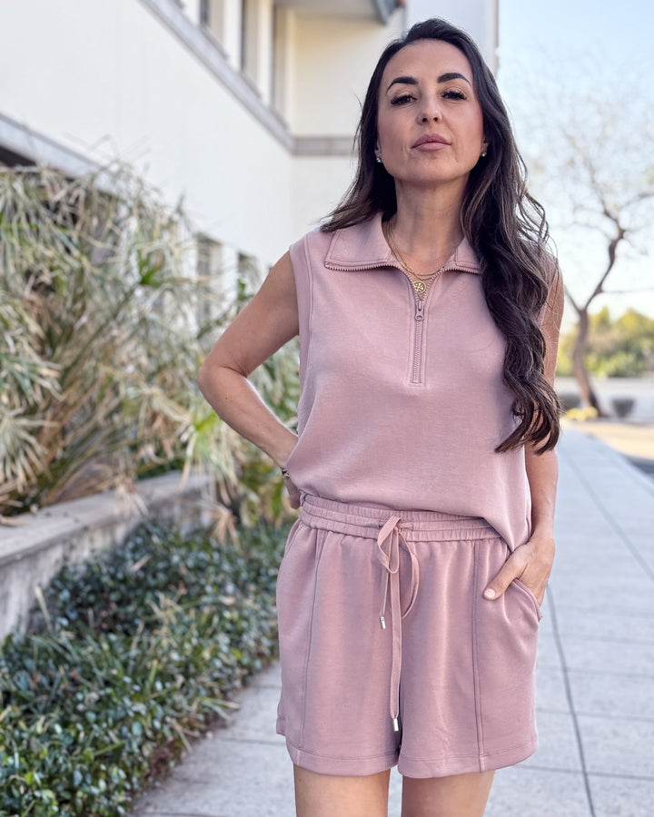 Stylish mauve zip-up top and shorts