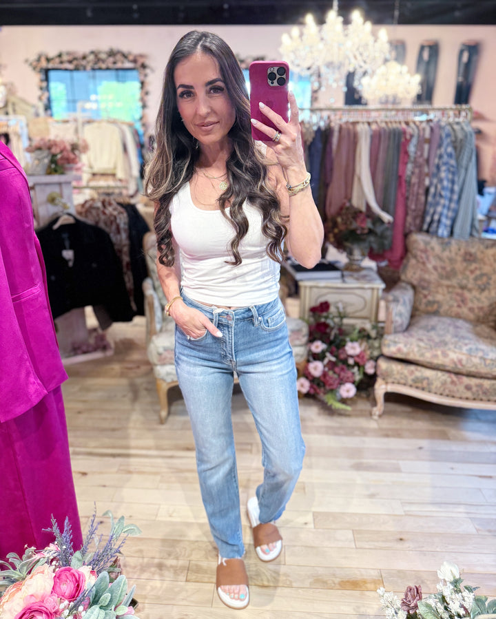 The Sophia Tummy Control High Rise Crop Straight Raw Cut Hem Jeans