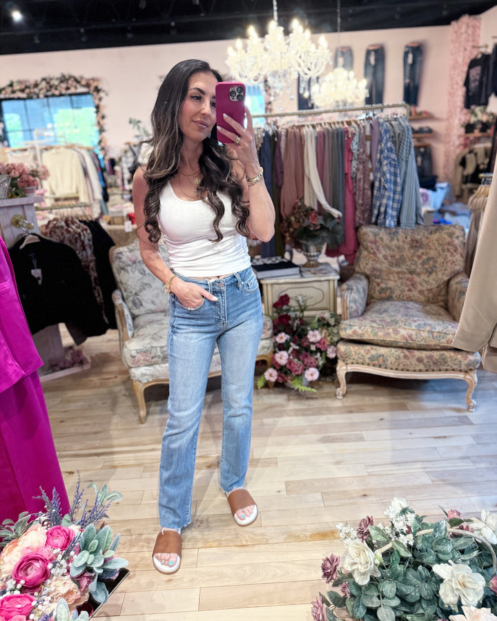The Sophia Tummy Control High Rise Crop Straight Raw Cut Hem Jeans