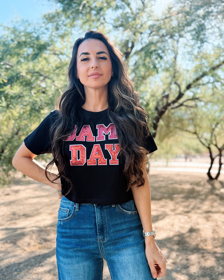 Game Day Sequin Light Crop Tee - Black
