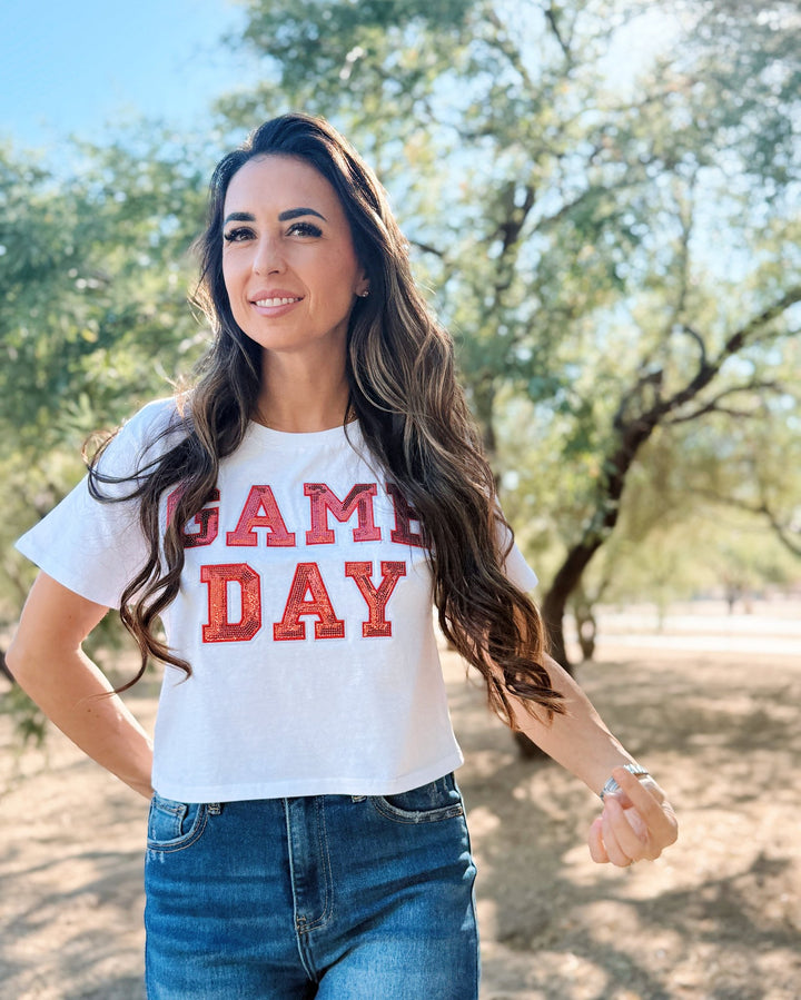 Game Day Sequin Light Crop Tee - White