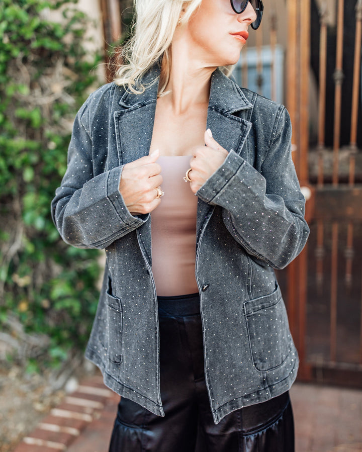 The Darla Embellished Denim Studded Blazer - Charcoal