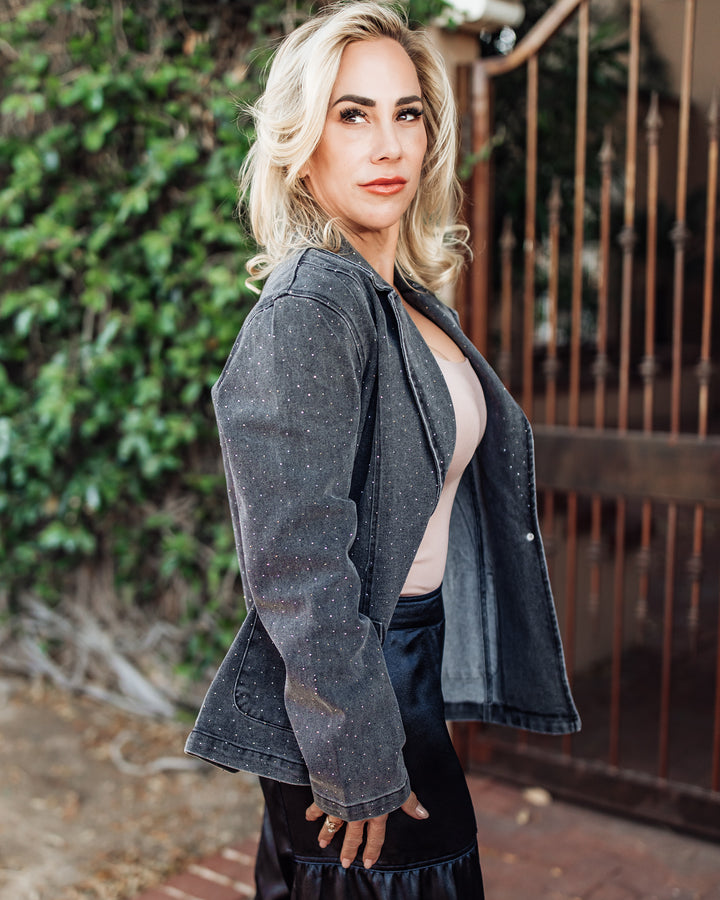 The Darla Embellished Denim Studded Blazer - Charcoal
