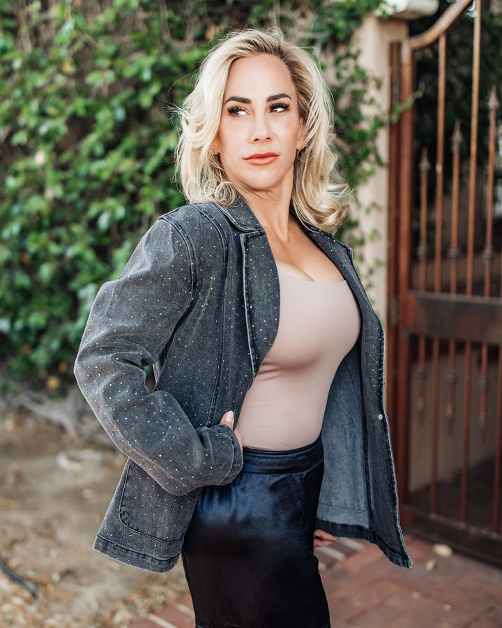 The Darla Embellished Denim Studded Blazer - Charcoal