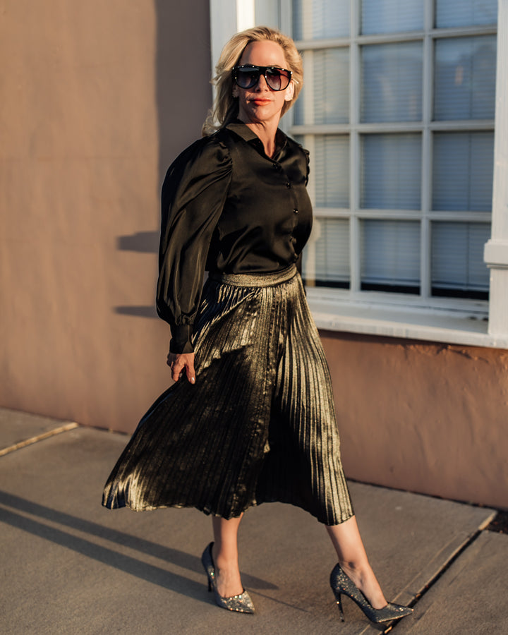 Metallic Pleats Midi Skirt - Black