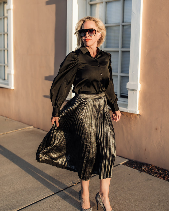 Metallic Pleats Midi Skirt - Black