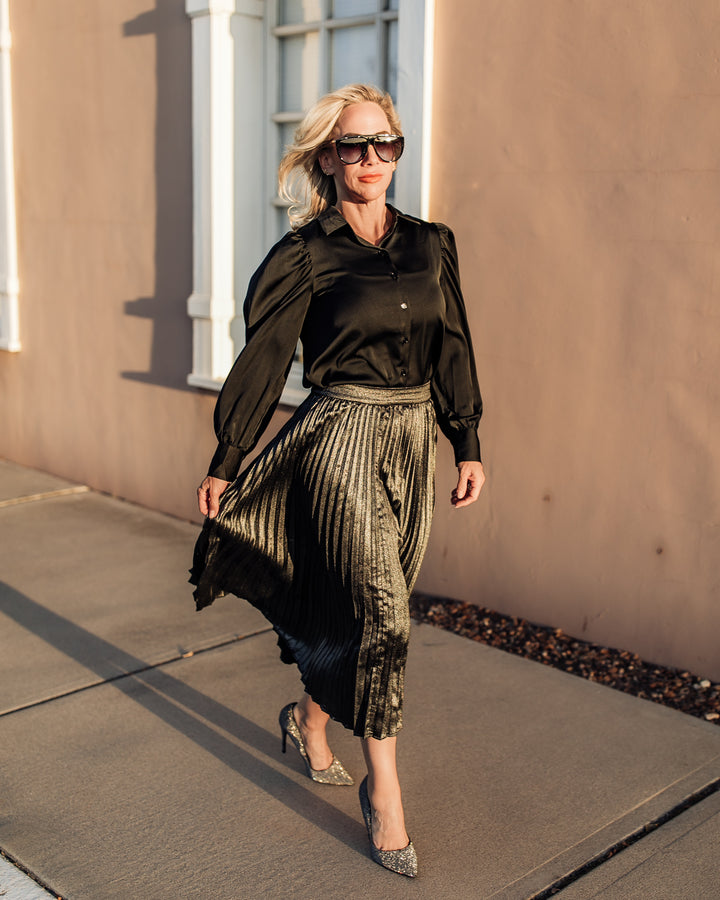 Metallic Pleats Midi Skirt - Black