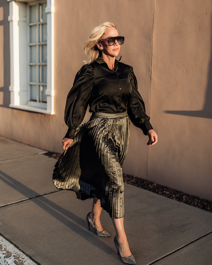 Metallic Pleats Midi Skirt - Black