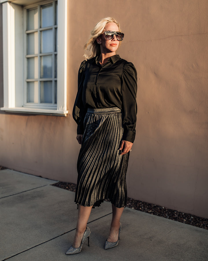 Metallic Pleats Midi Skirt - Black