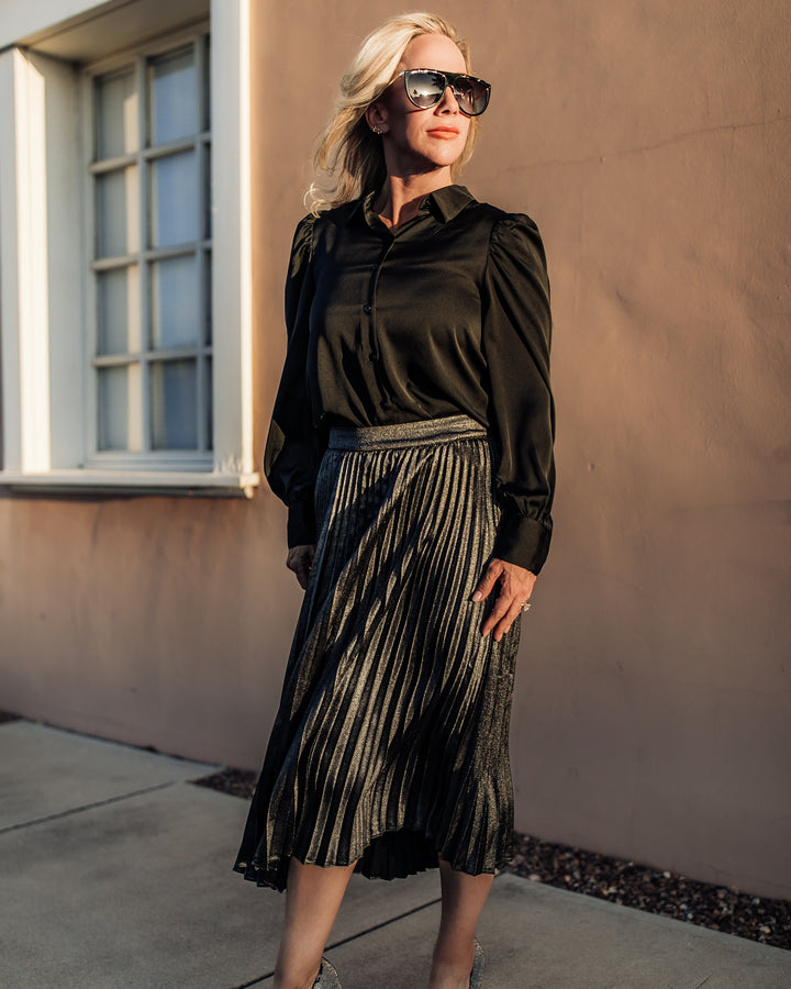 Metallic Pleats Midi Skirt - Black