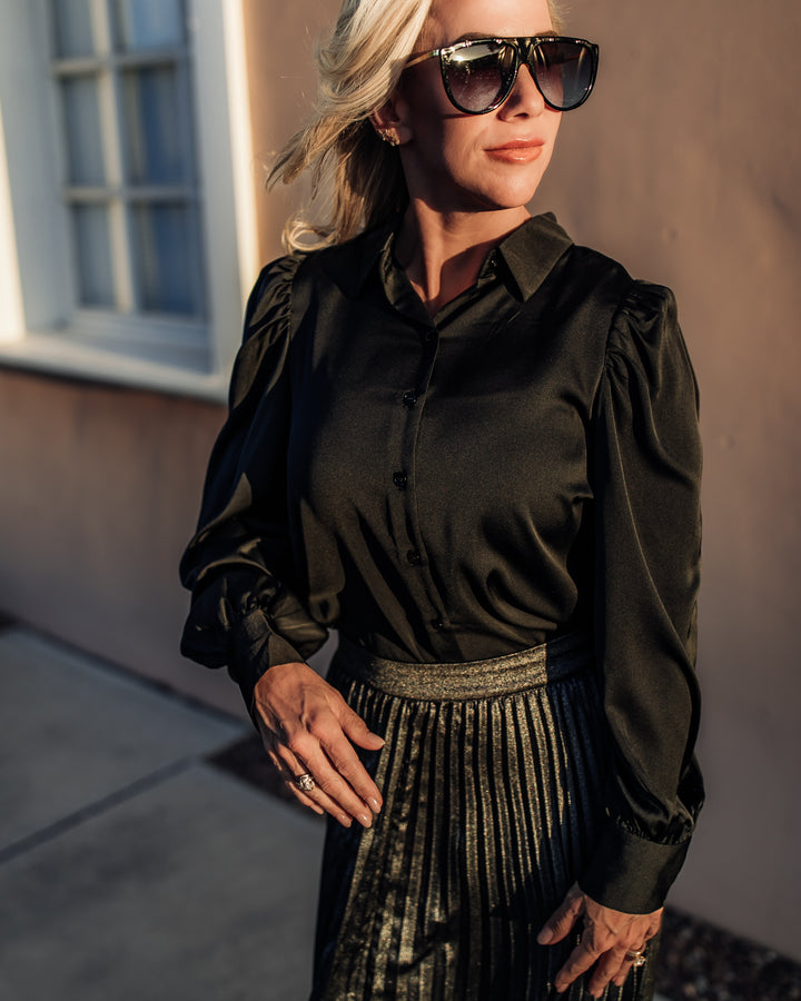 Metallic Pleats Midi Skirt - Black