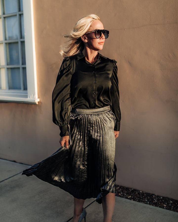 Metallic Pleats Midi Skirt - Black