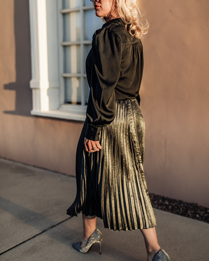 Metallic Pleats Midi Skirt - Black