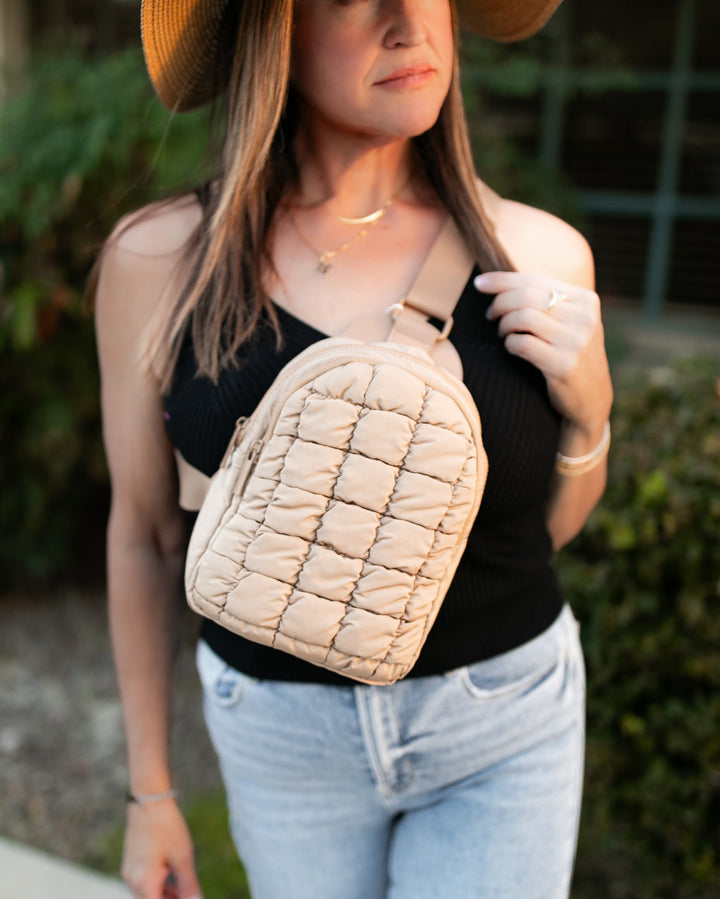 Puffer Quilted Crossbody Sling Bag - Tan