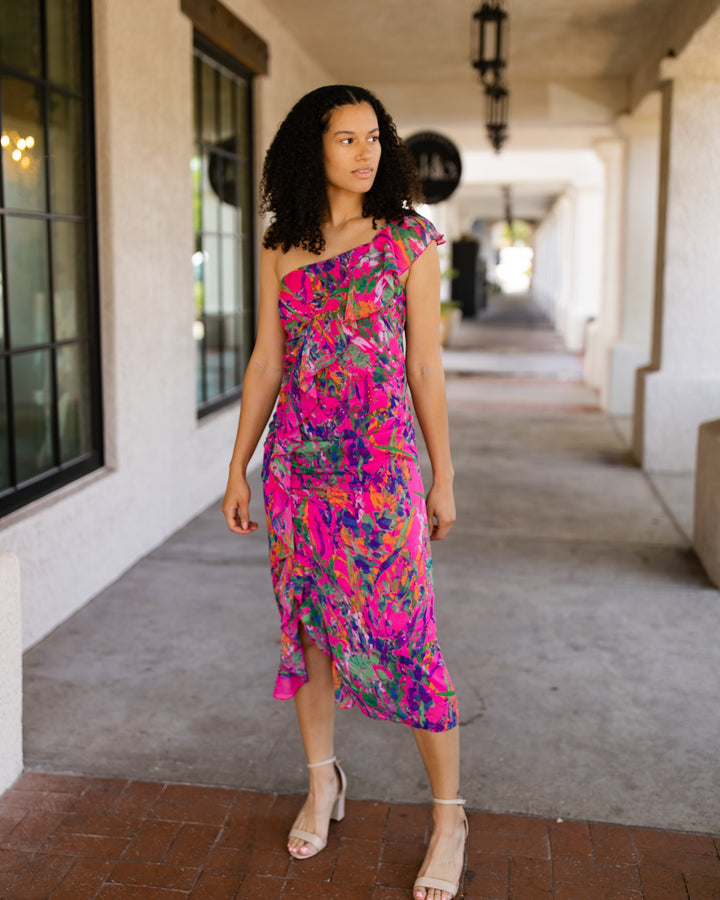 Magenta One Shoulder Ruffle Dress