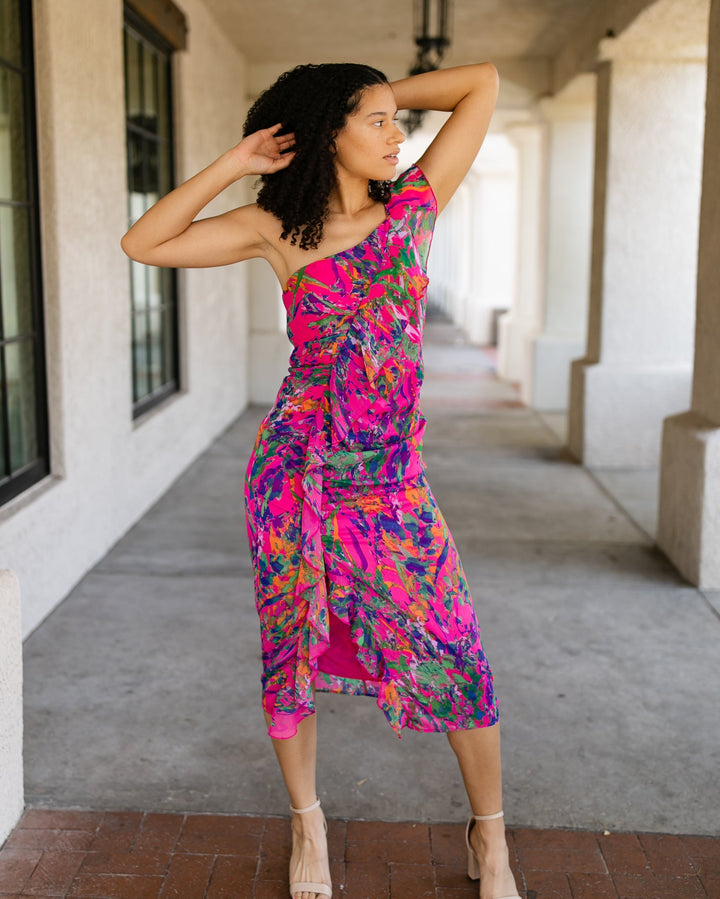 Magenta One Shoulder Ruffle Dress