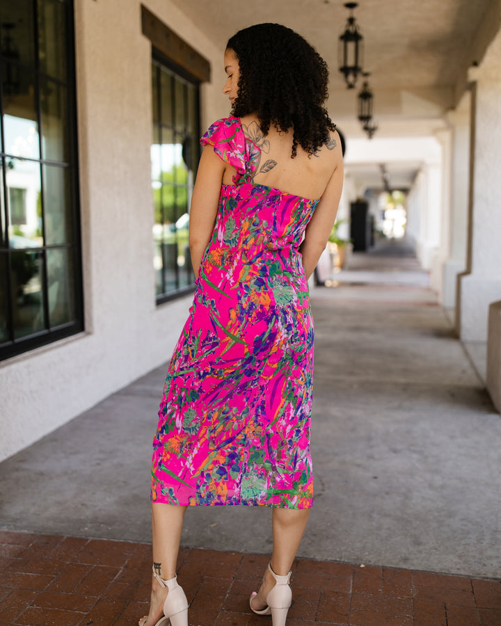 Magenta One Shoulder Ruffle Dress