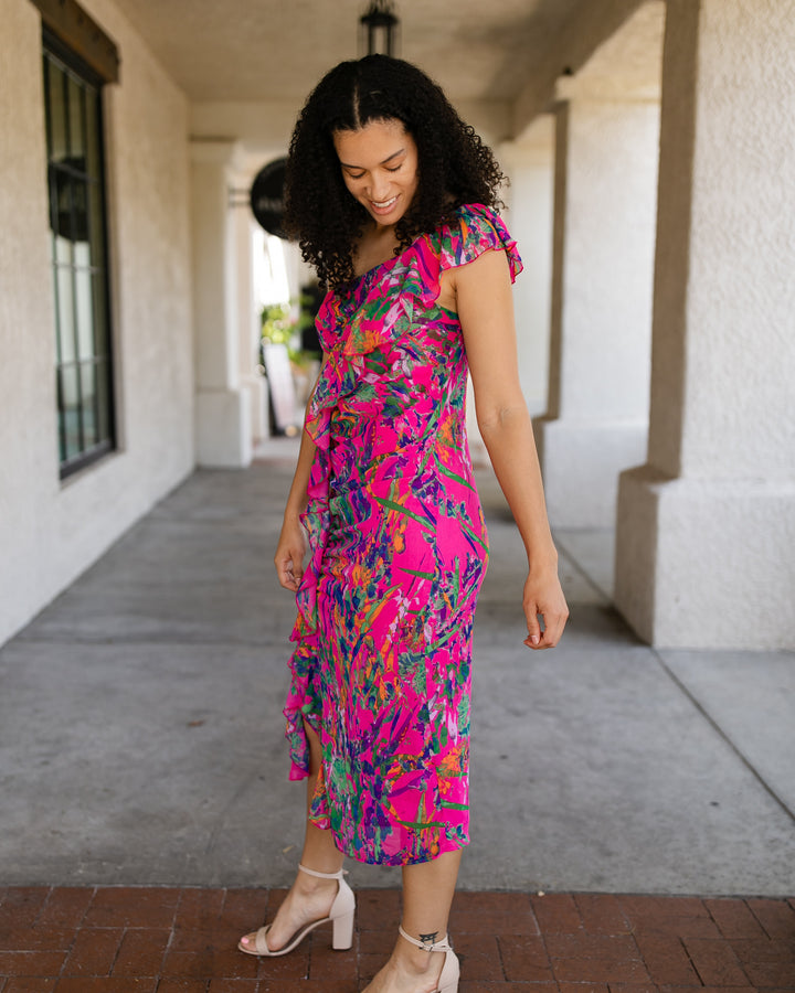 Magenta One Shoulder Ruffle Dress