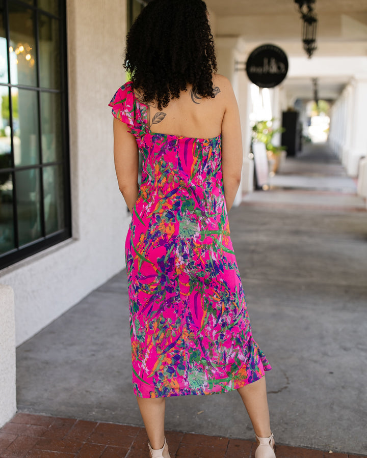 Magenta One Shoulder Ruffle Dress