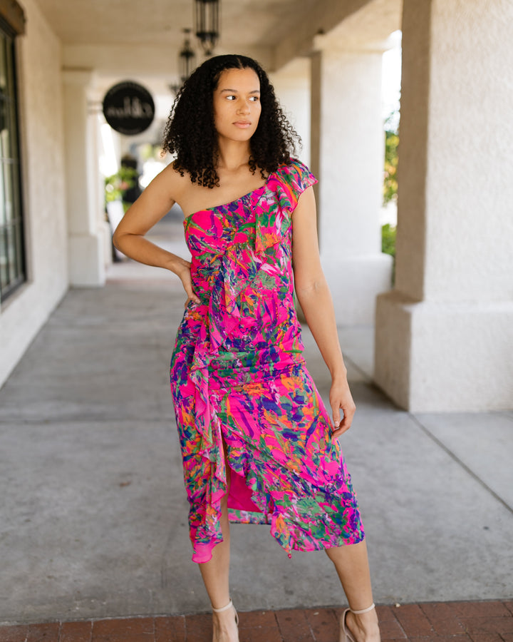 Magenta One Shoulder Ruffle Dress