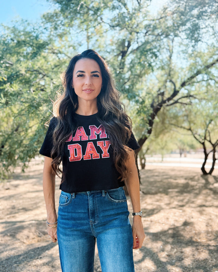Game Day Sequin Light Crop Tee - Black