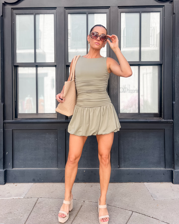 The Pamela Ruched Bubble Dress - Olive
