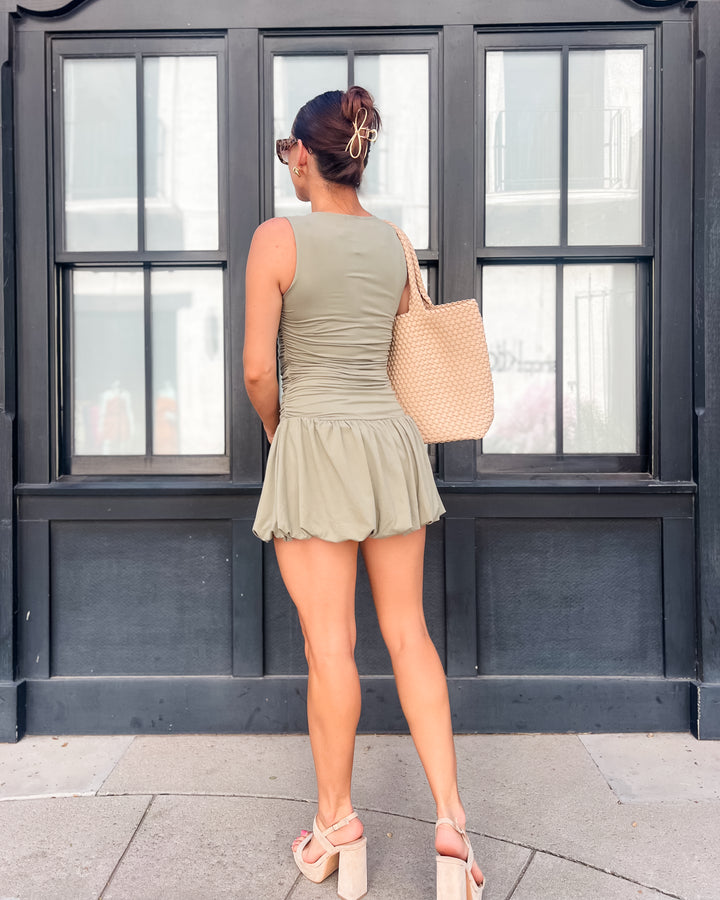 The Pamela Ruched Bubble Dress - Olive