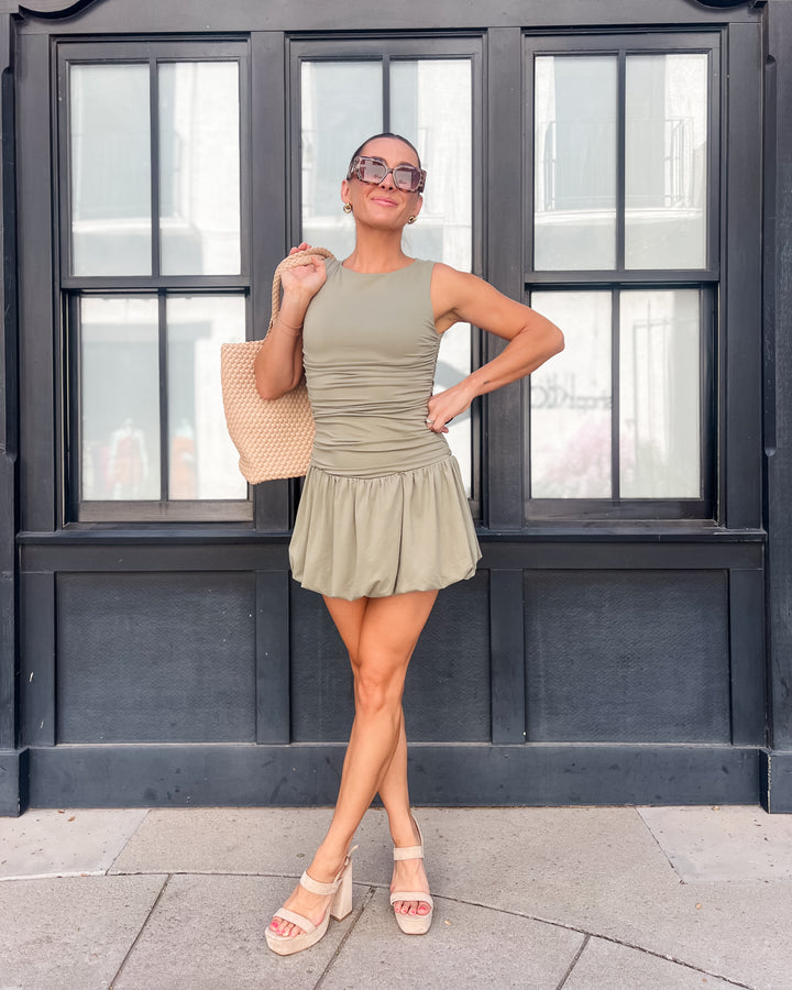The Pamela Ruched Bubble Dress - Olive