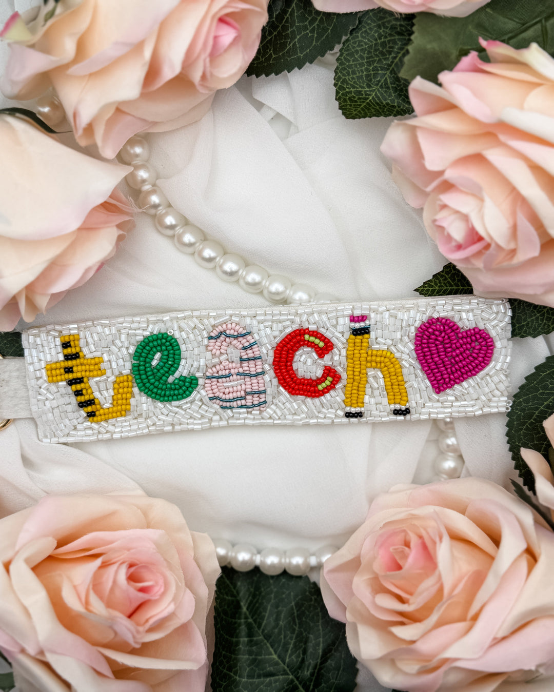 Beaded Teach Wristlet Keychain