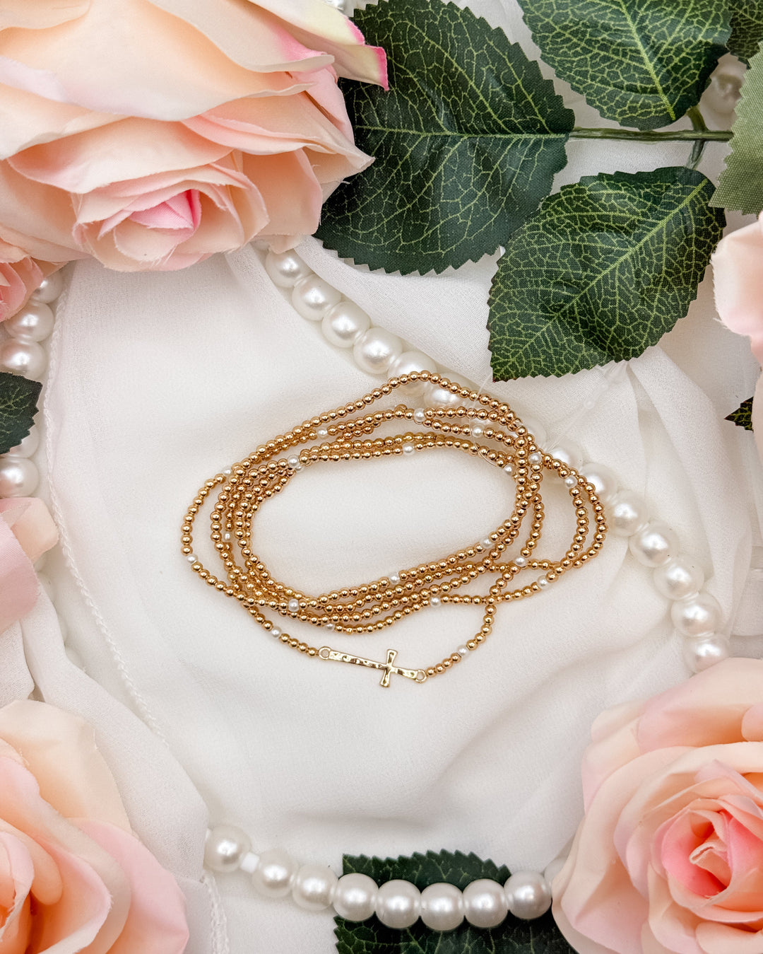 Cross and Pearl Beaded Stretch Bracelet