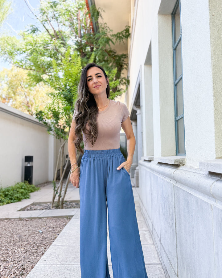 The Elena Wide Leg Pants - Dusty Blue