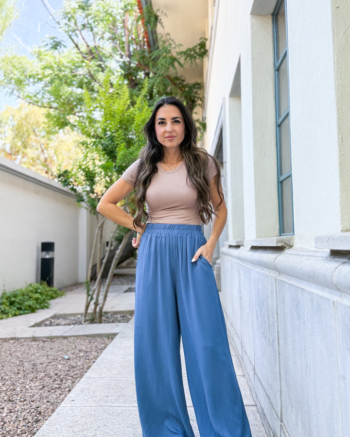 The Elena Wide Leg Pants - Dusty Blue