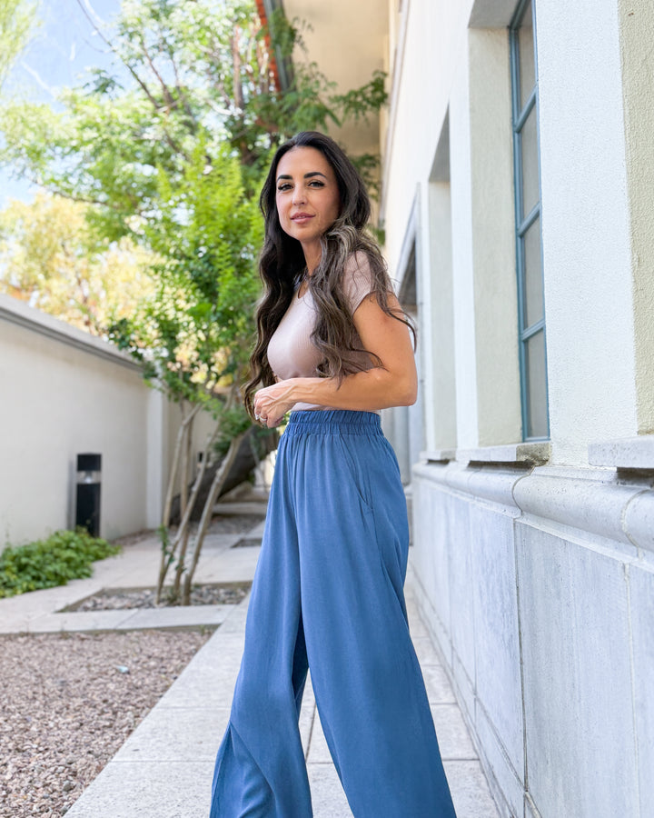 The Elena Wide Leg Pants - Dusty Blue