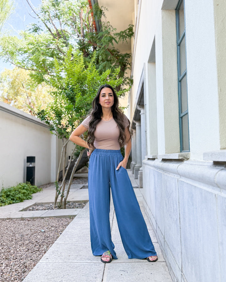 The Elena Wide Leg Pants - Dusty Blue