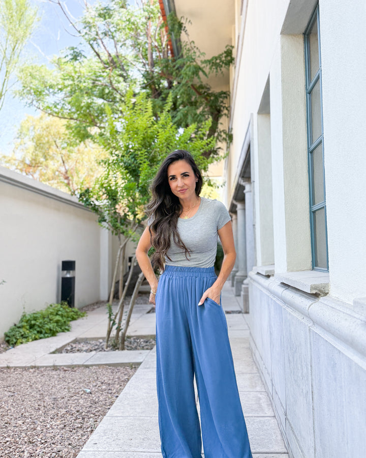 The Elena Wide Leg Pants - Dusty Blue