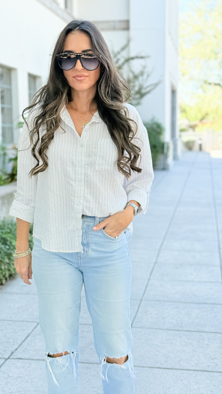 Pinstripe Collared Woven Top - Off White
