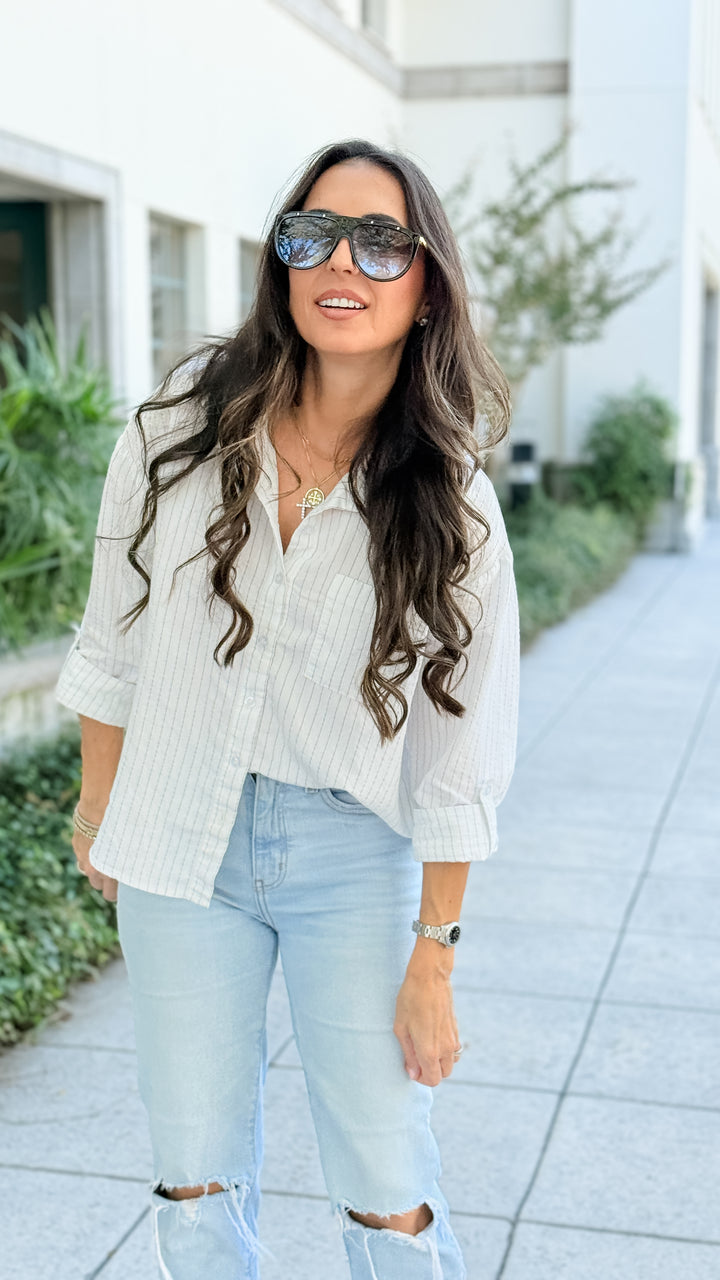 Pinstripe Collared Woven Top - Off White