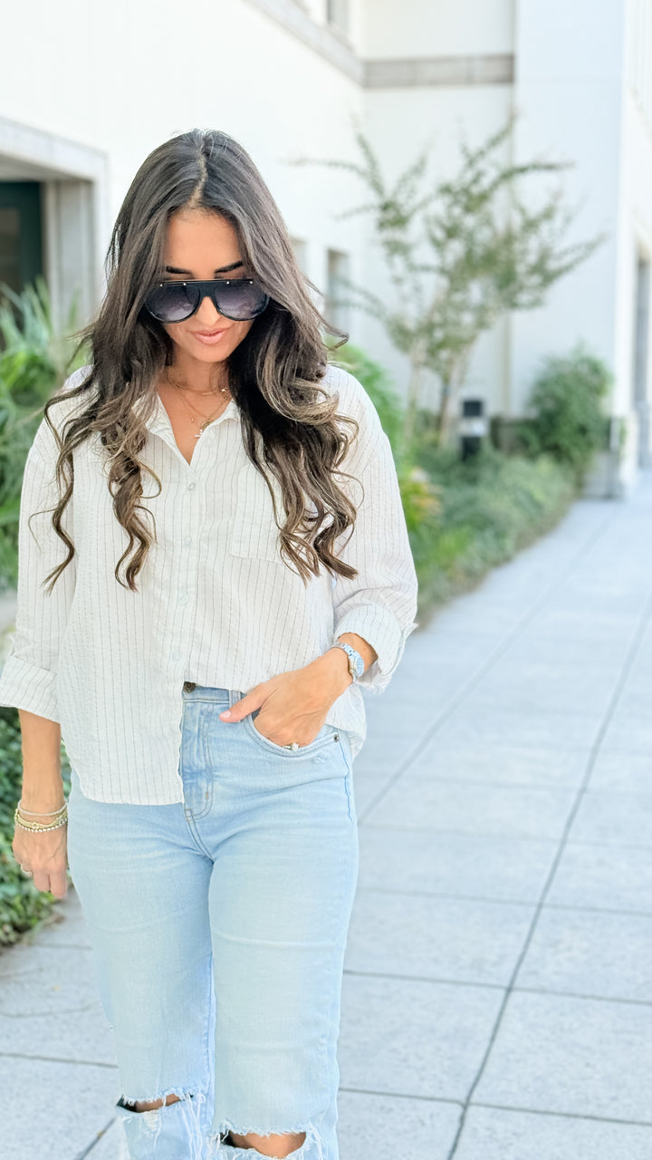 Pinstripe Collared Woven Top - Off White