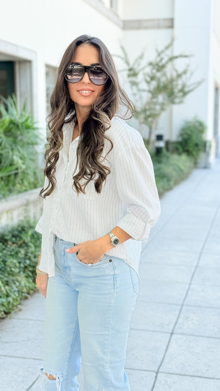 Pinstripe Collared Woven Top - Off White