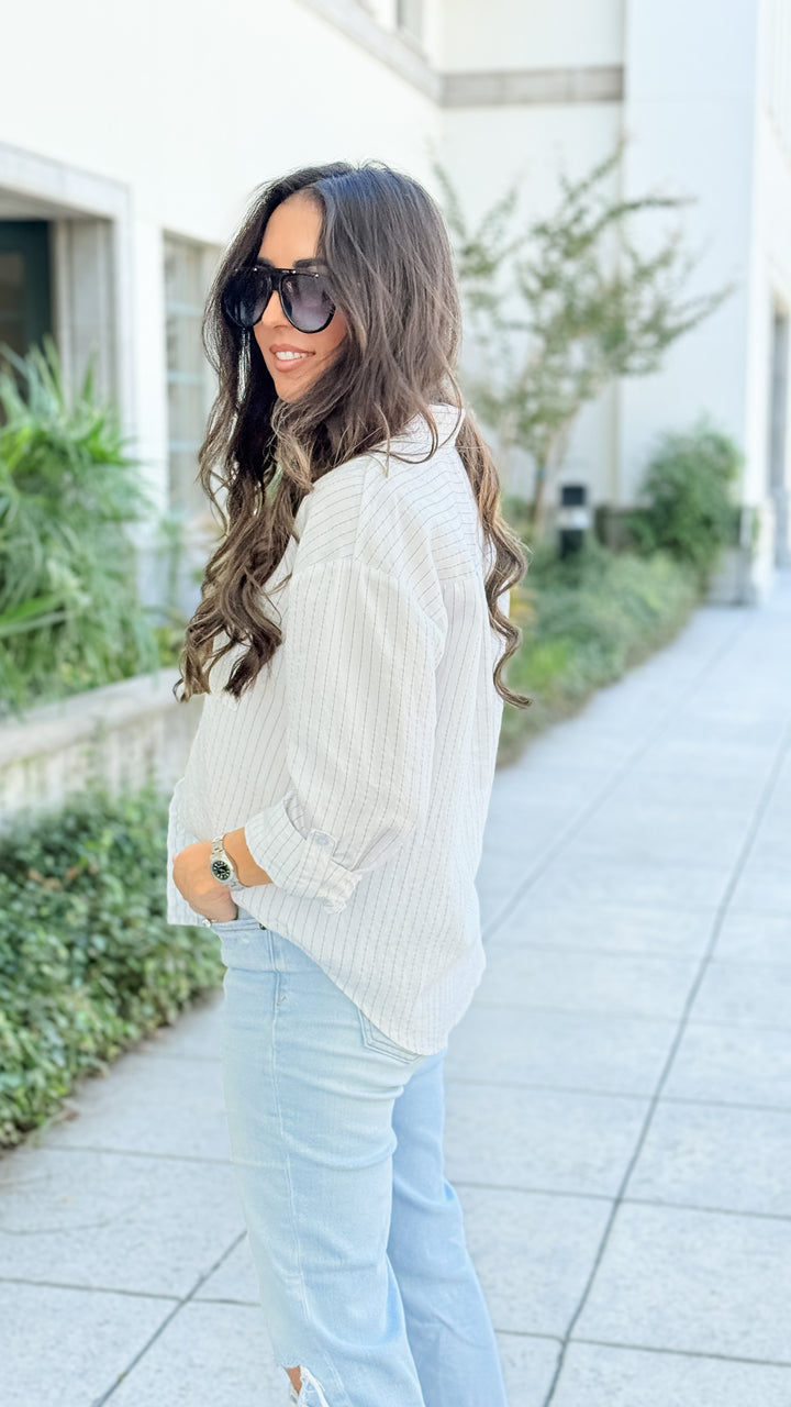 Pinstripe Collared Woven Top - Off White