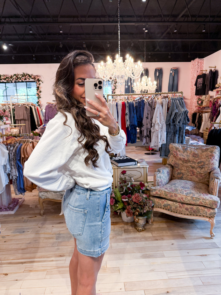 The Johnny High Rise Patch Jean Shorts by Risen