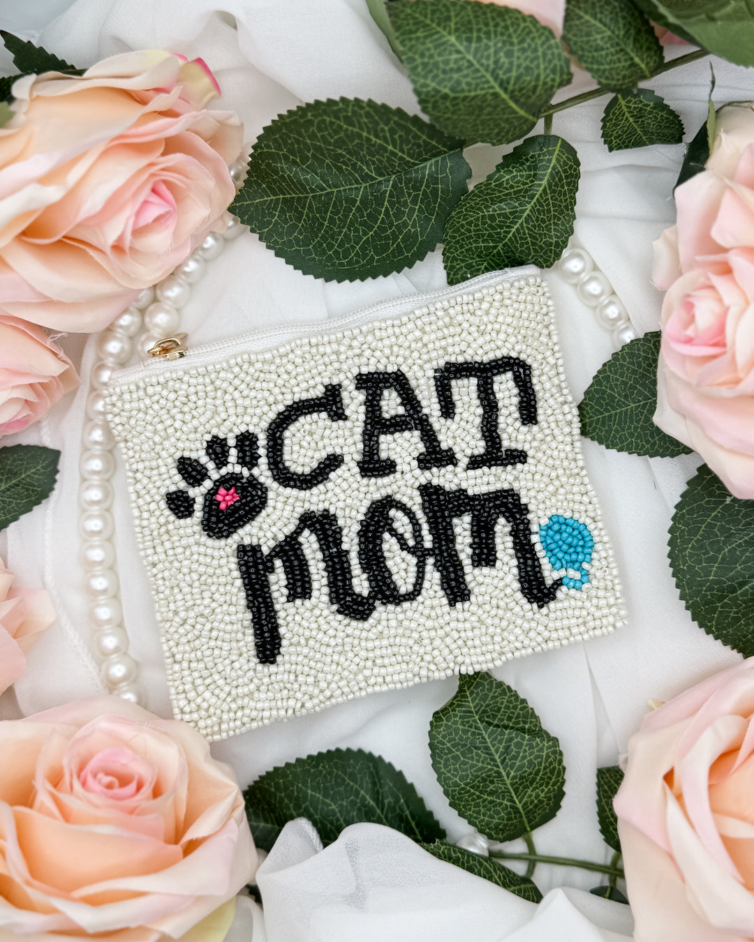 Cat Mom Beaded Coin Pouch