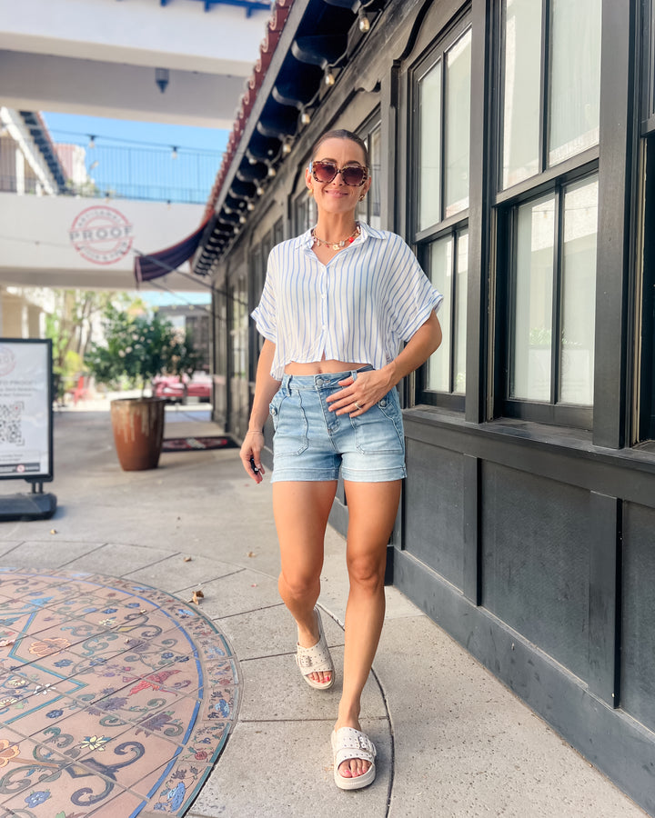 The Elizabeth Striped Button Down Top - Blue