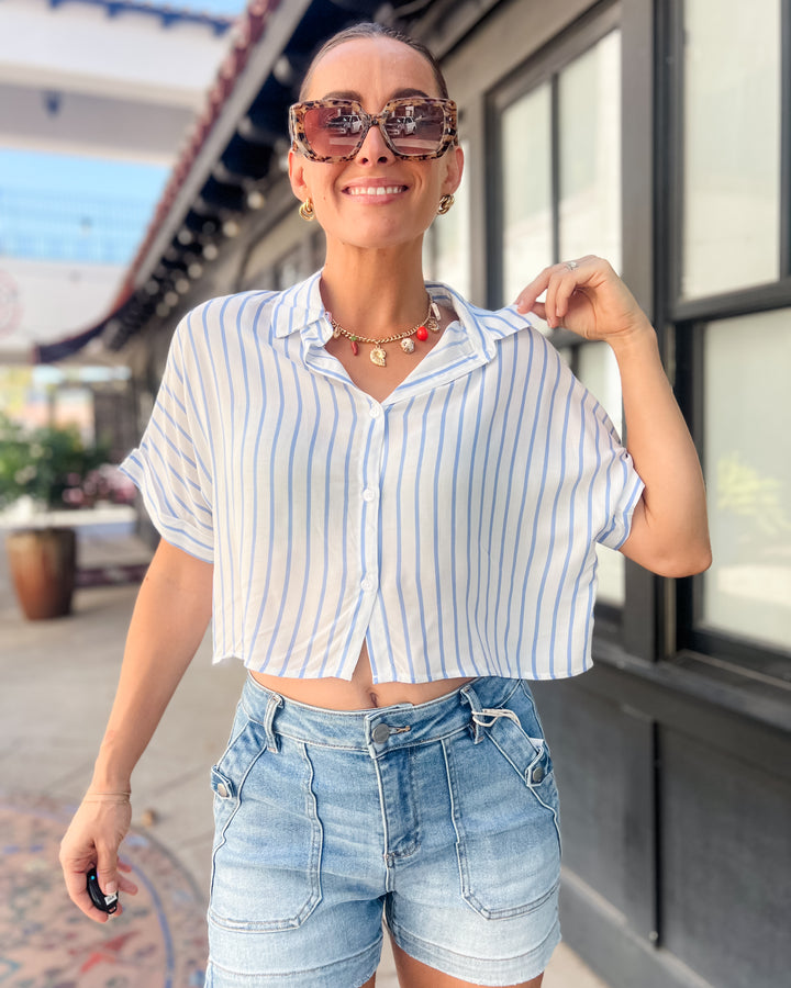 The Elizabeth Striped Button Down Top - Blue
