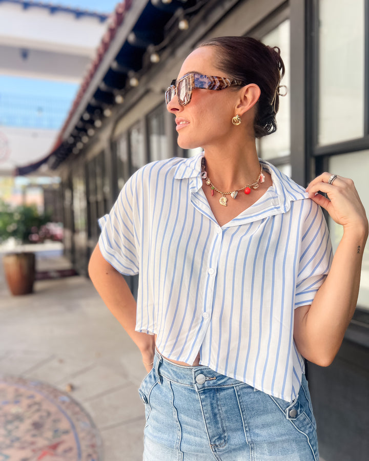The Elizabeth Striped Button Down Top - Blue