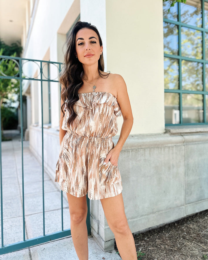 The Keely Off Shoulder Flared Flounce Romper