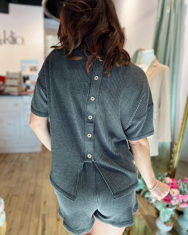 Mara Waffle Knit Top – Charcoal Grey